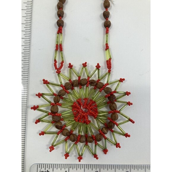 Vintage Monkey Pod Beaded Womens Boho 26 In Necklace 70s Red And Green - Picture 4 of 7